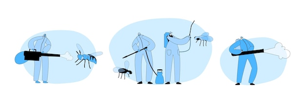 Establecer personajes de servicio profesional de control de plagas y exterminio de insectos en uniforme Hazmat Fight con Asp o Fly