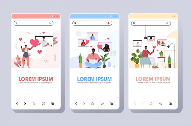 Establecer personas chateando en la aplicación de citas en línea relación social concepto de comunicación smartphone pantallas colección copia espacio ilustración horizontal