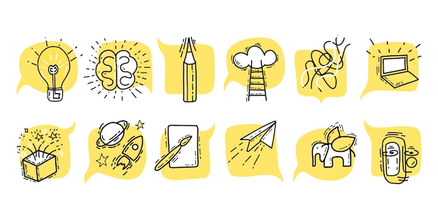 Vector establecer pictogramas conceptuales ilustración símbolo creativo estilo doodle en color amarillo