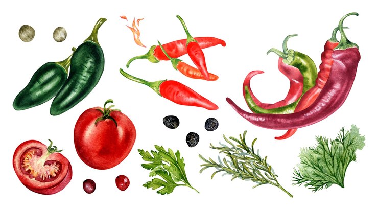 Vector establecer pimientos picantes y tomates ilustración acuarela aislado en blanco tabasco chile rojo jalapeño