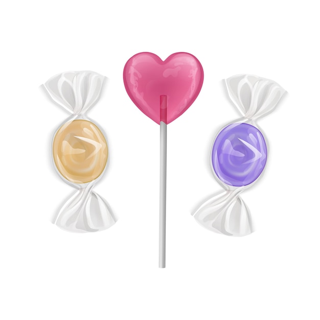 Vector establecer piruletas dulces de colores. caramelos de forma de corazones en palo y caramelos, aislados.