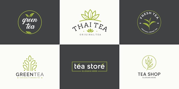 Establecer plantilla de diseño de logotipo de hoja de té de colección. logotipo para tienda de té, tienda de té, producto de embalaje.