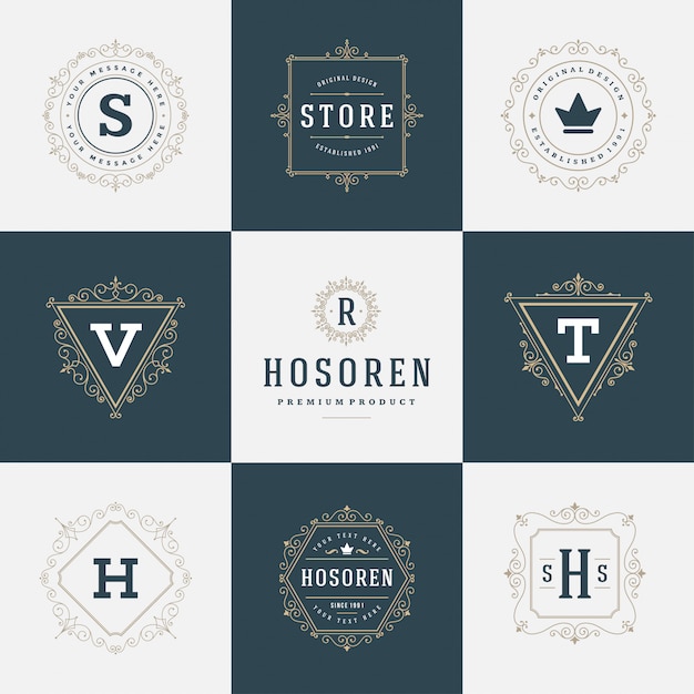 Establecer plantilla de logotipos de lujo florece las líneas de adornos elegantes caligráficos.