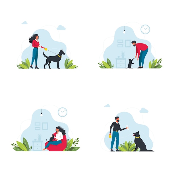 Establecer plantilla de propietarios de mascotas. gente feliz jugando con sus escenas de animales domésticos. los jóvenes pasan tiempo en casa. personajes paseando perros, relajándose con gatos. ilustración vectorial