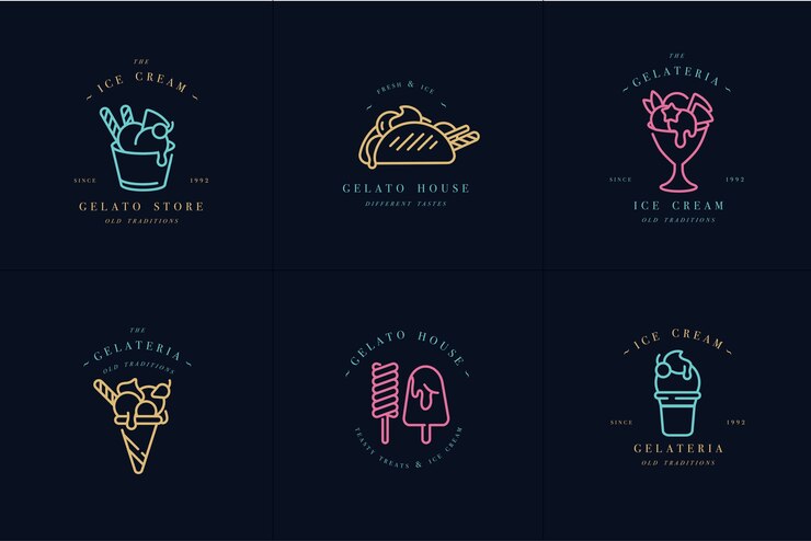 Establecer plantillas de diseño colorido logo y emblemas - helado y gelato.Colores neón.