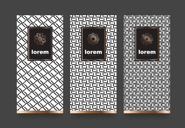 Establecer plantillas de etiquetas patrón geométrico en blanco y negro para productos de lujo.