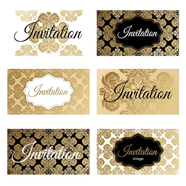 Establecer plantillas de invitaciones, tarjetas de visita. El concepto de una lámina de oro impresa sobre fondo blanco y negro. Ilustración abstracta vectorial.