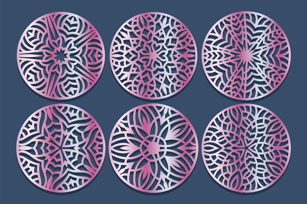 Establecer posavasos de círculo decorativo para corte por láser. Tarjeta de posavasos geométrica abstracta redonda. Corte láser de