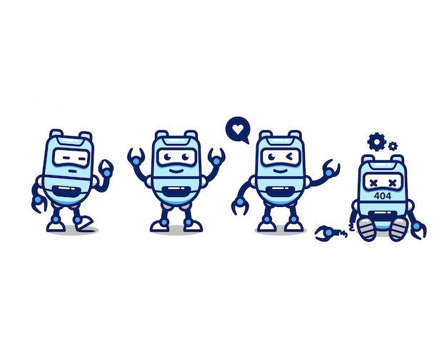 Establecer pose de mascota de dibujos animados lindo personaje ai robot