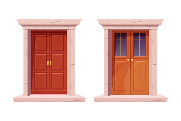 Establecer puertas de madera con marco de puerta de piedra de ventana en estilo de dibujos animados