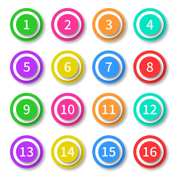 Establecer punto de colección de colores 0 a 15 Números coloridos Icono Etiqueta Signo Etiqueta de marca Banner Cinta aislada