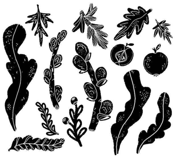 Establecer ramas y hojas motivos florales Grunge textura elemento negro Ilustración en estilo linóleo arte popular Estilo escandinavo Elemento para el diseño