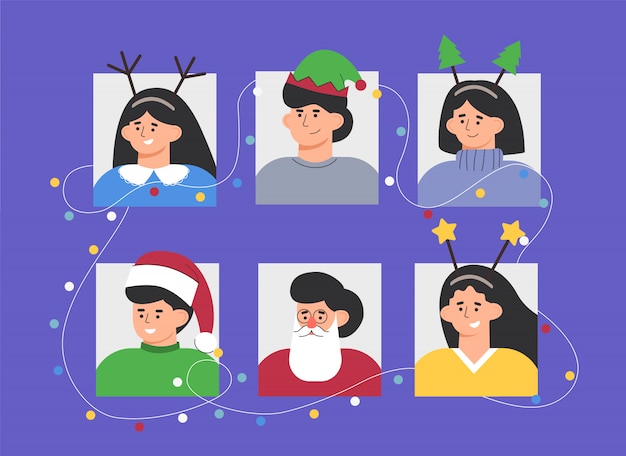 Vector establecer retratos de un grupo de personas en fiesta de disfraces navideños con guirnaldas.