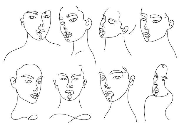 Establecer retratos de mujer lineal. Silueta lineal continua de rostro femenino. Dibujado a mano de contorno de chicas avatares. Logotipo de glamour lineal en estilo minimalista para salón de belleza, maquillador, estilista.