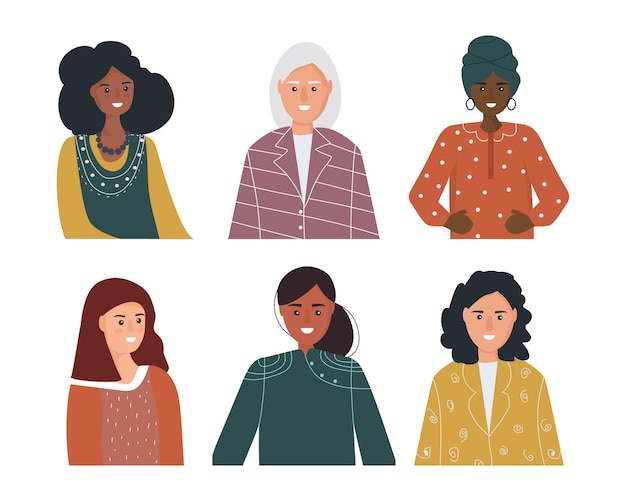 Establecer retratos de mujeres de diferente género y edad, diferentes nacionalidades étnicas y razas.