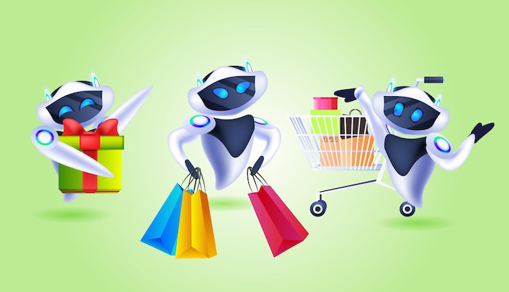 Vector establecer robots con bolsas de compras y regalos oferta especial venta de compras concepto de inteligencia artificial ilustración vectorial horizontal