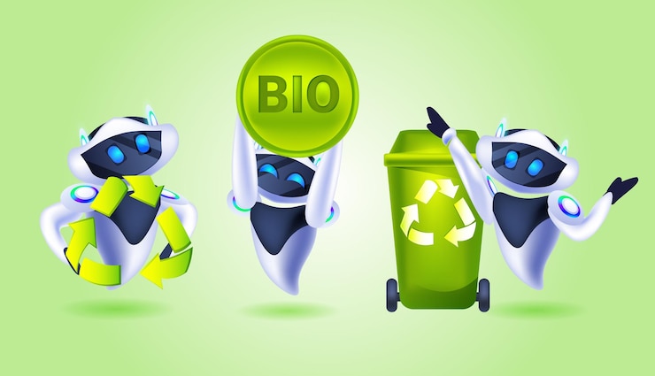 Vector establecer robots modernos con símbolo de reciclaje de residuos, flechas verdes, logotipo, inteligencia artificial, salvar el planeta, concepto de protección del medio ambiente, ilustración vectorial horizontal