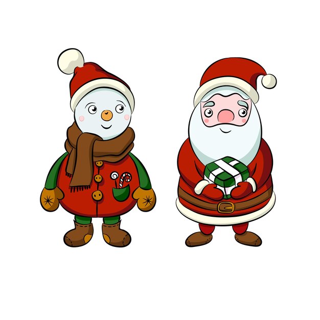 Establecer Santa con caja de regalo y muñeco de nieve disfrazado en estilo infantil Arte plano del doodle