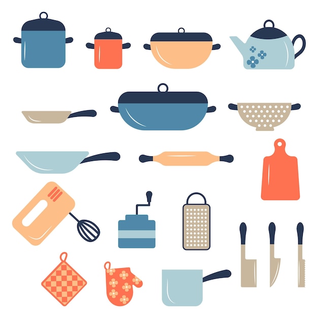 Establecer sartenes, ollas y cacerolas, objetos de cocina, utensilios de cocina de dibujos animados, colección de herramientas para cocinar vec