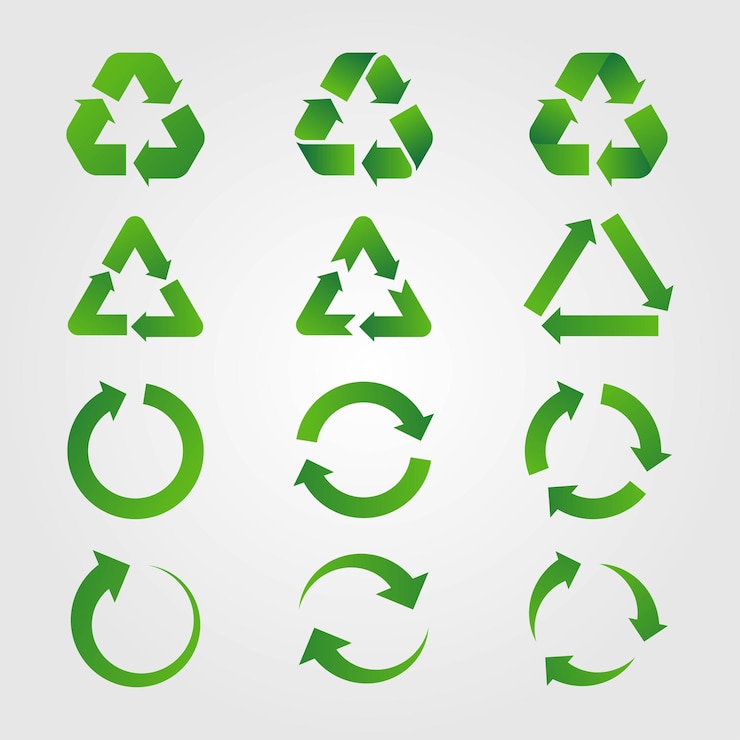 Establecer señales de reciclaje con flechas verdes aisladas sobre fondo blanco