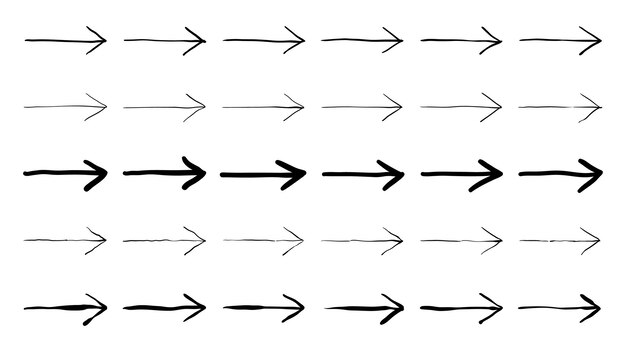 Establecer sencillos iconos de vector de flecha dibujados a mano establecidos sobre fondo blanco Iconos de marca de flecha