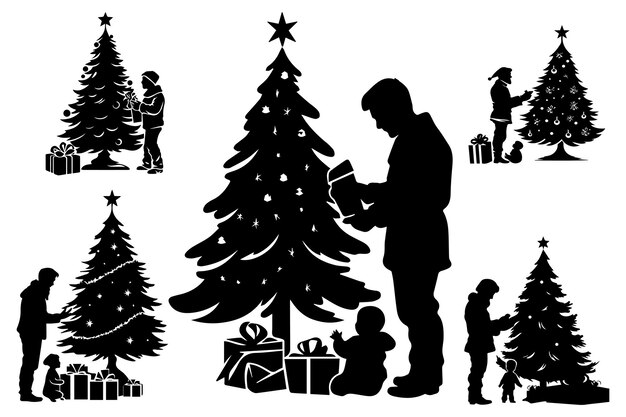 Establecer silueta árboles de Navidad con diseño de regalos vector aislado