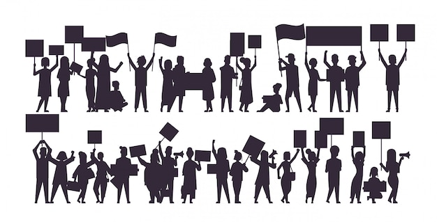 Establecer silueta de personas multitud manifestantes sosteniendo carteles de protesta hombres mujeres con pancartas de voto en blanco discurso de expresión concepto de libertad política horizontal ilustración vectorial de longitud completa