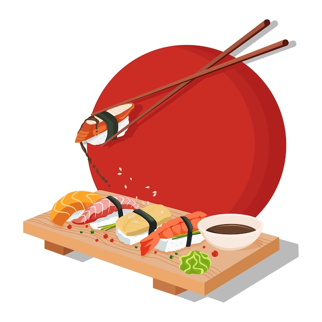 Establecer sushi. palillos, wasabi, salsa de soja, nigiri, panecillos y tabla de servir de madera. ilustración de dibujos animados plano de vector de color aislado en sol rojo. para icono y menú.