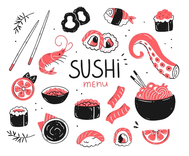 Establecer sushi y rollos en estilo garabato Comida japonesa Colección de objetos ilustración de alimentos aislados