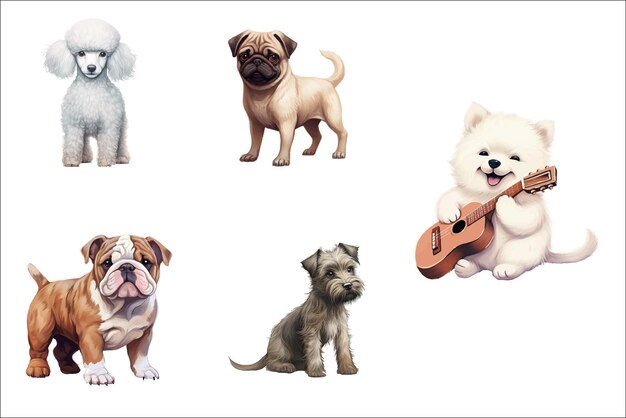 Vector establecer sute bebé animales divertidos pug bulldog spitz caniche en estilo acuarela ilustraciones vectoriales planas aisladas sobre fondo blanco