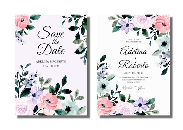 Establecer tarjeta de invitación de boda con acuarela floral púrpura rosa suave