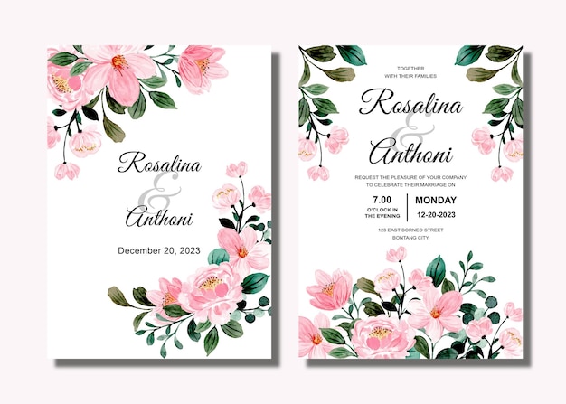 Establecer tarjeta de invitación de boda con acuarela floral rosa