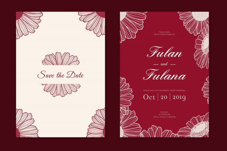 Establecer tarjeta de invitación de boda con doodle dibujado a mano floral margarita flor contorno monocromo estilo vintage retro tradicional