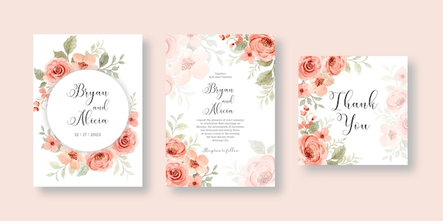 Establecer tarjeta de invitación de boda con flor de acuarela rosa