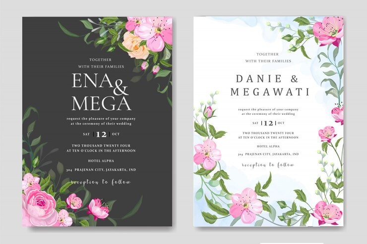 Establecer tarjeta de invitación de boda con hermosas flores hojas