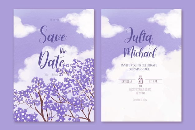 Vector establecer una tarjeta de invitación de boda con un hermoso árbol de flores moradas