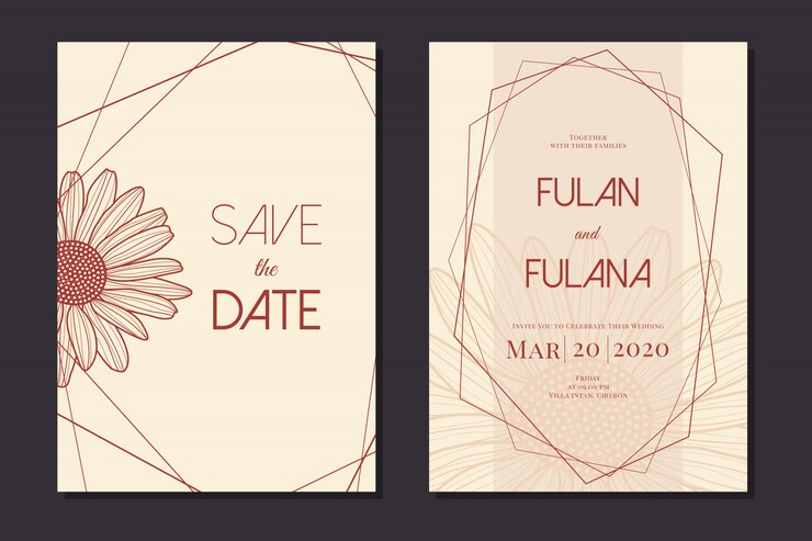 Establecer tarjeta de invitación de boda con plantilla monocromática de contorno dibujado a mano doodle margarita flor