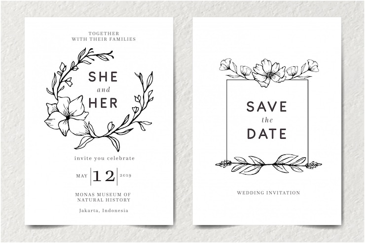 Establecer la tarjeta de plantilla de invitación de boda vintage retro moderno con contorno monocromo doodle dibujado a mano aislado floral y belleza elegante decoración de adorno de flores ilustración vectorial