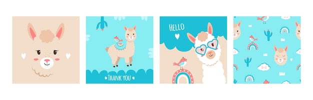 Establecer tarjetas de felicitación de vector y carteles de tarjetas de agradecimiento con arco iris de pájaro de alpaca lindo y cactus