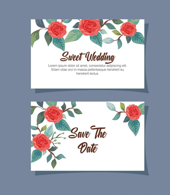 Establecer tarjetas de invitación de boda con decoración de flores