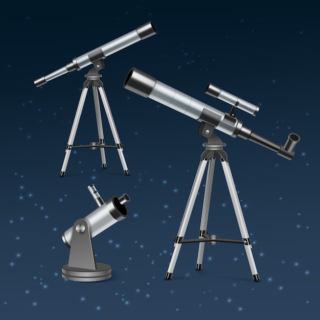 Vector establecer telescopios ópticos plateados en soporte y trípode, ilustración de instrumentos astronómicos aislado sobre fondo de estrella azul