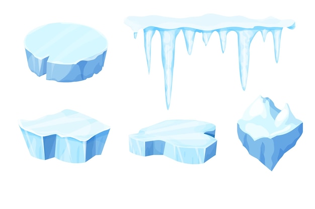 Vector establecer témpano de hielo, pedazo de agua congelada, iceberg en estilo de dibujos animados aislado sobre fondo blanco