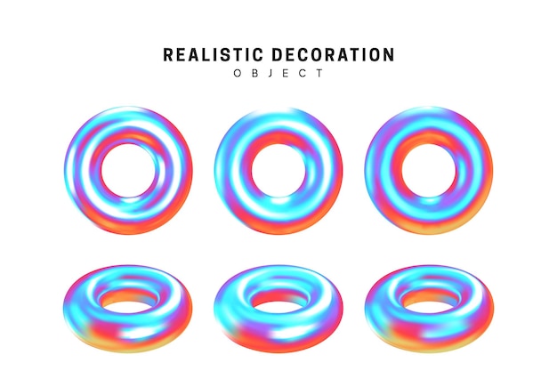 Establecer toroide. Donut Formas geométricas realistas con degradado de color holográfico. Elementos de diseño decorativo holograma aislado fondo blanco. Objetos 3d en forma de color azul. ilustración vectorial