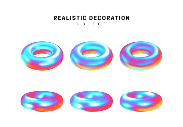 Establecer toroide. Donut Formas geométricas realistas con degradado de color holográfico. Elementos de diseño decorativo holograma aislado fondo blanco. Objetos 3d en forma de color azul. ilustración vectorial