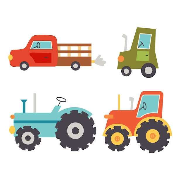 Establecer tractores de máquinas agrícolas. Transporte rural. Vector, mano, dibujar clipart