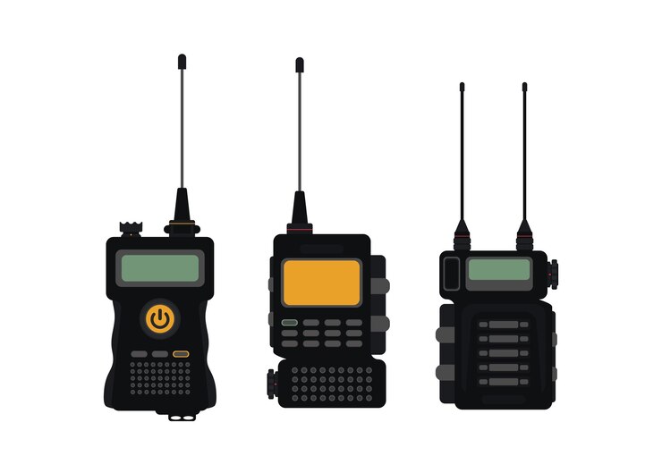 Vector establecer transceptor de radio dispositivo portátil de rectángulo negro con pantalla amarilla y antena