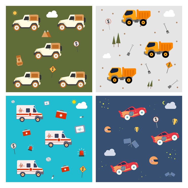 Vector establecer el transporte de patrones sin fisuras para la ilustración de los bebés varones para el papel de regalo