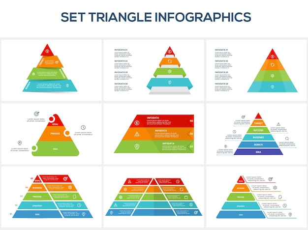 Vector establecer triángulo con 3 5 10 elementos plantilla infográfica para presentaciones de negocios web ilustración vectorial visualización de datos comerciales