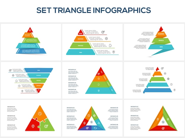 Establecer triángulo con 3 5 6 elementos plantilla infográfica para presentaciones de negocios web ilustración vectorial Visualización de datos comerciales