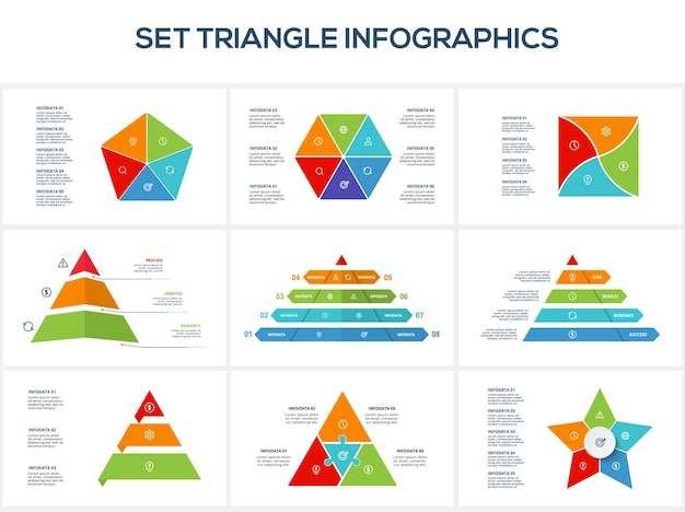 Establecer triángulo con 4 5 6 8 elementos plantilla infográfica para presentaciones de negocios web ilustración vectorial Visualización de datos comerciales